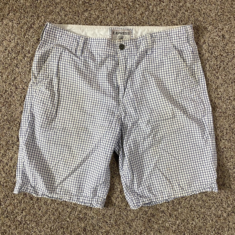 Express Men's White and Blue Checkered Shorts, Waist 34
